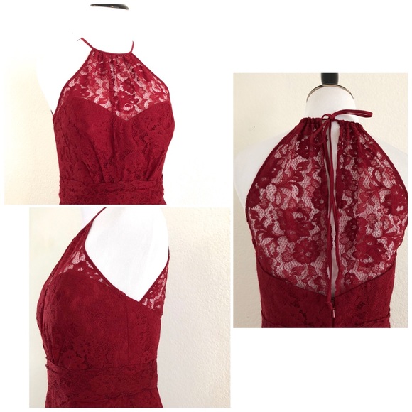 NEW Amsale Crimson Red Halter Lace Gown - Picture 5 of 8